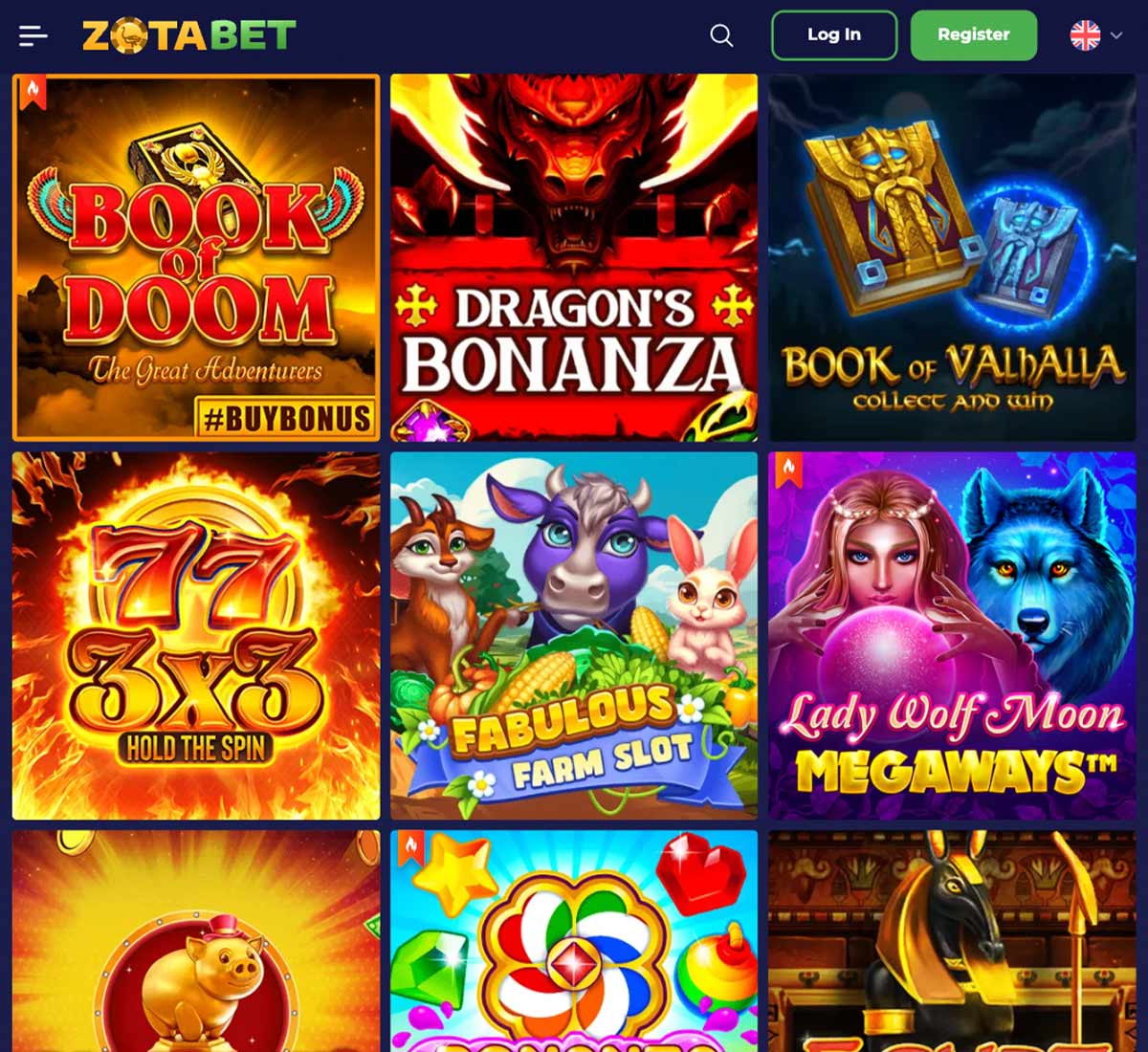 ZotaBet Casino desktop slots variety screenshot showing game grid and slot categories – tested