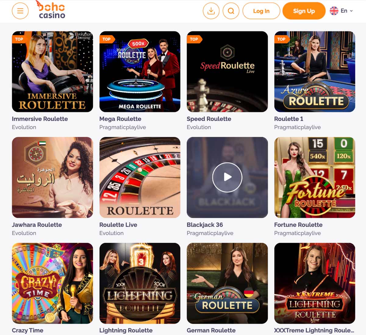 Boho Casino desktop screenshot showing live casino games collection   tested