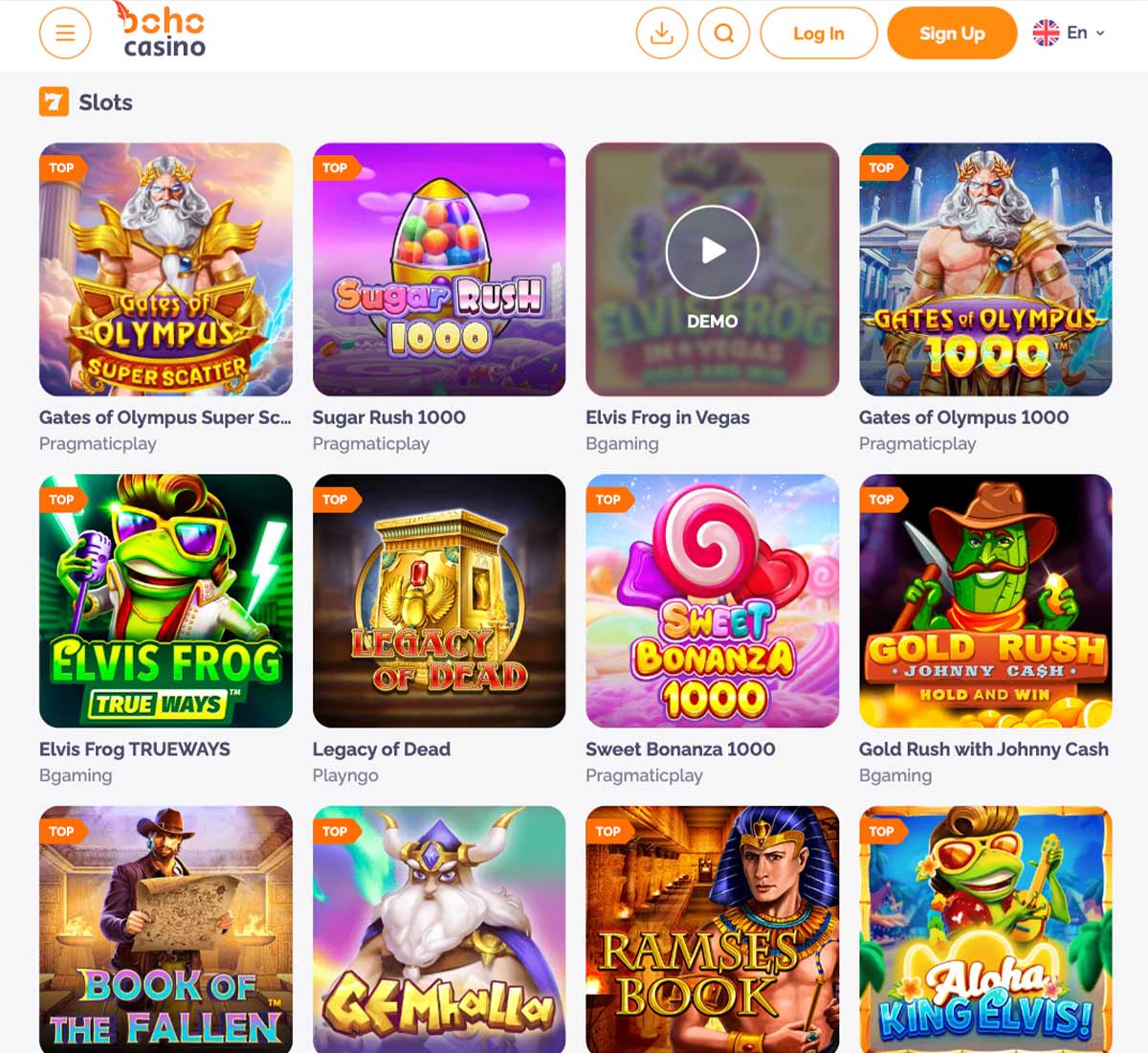 Boho Casino desktop screenshot showing slot games variety   tested