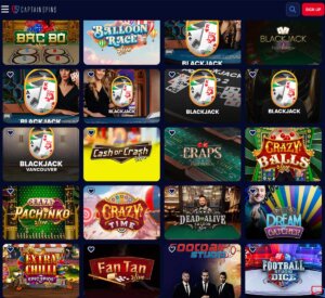 Captain Spins Casino desktop screenshot showing live casino games collection - tested