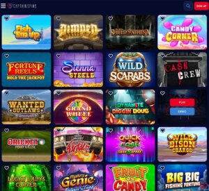 Captain Spins Casino desktop screenshot showing slot games collection - tested