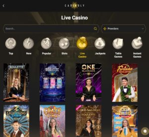Casinoly Casino desktop screenshot showing live casino games collection with roulette, blackjack, and baccarat - tested