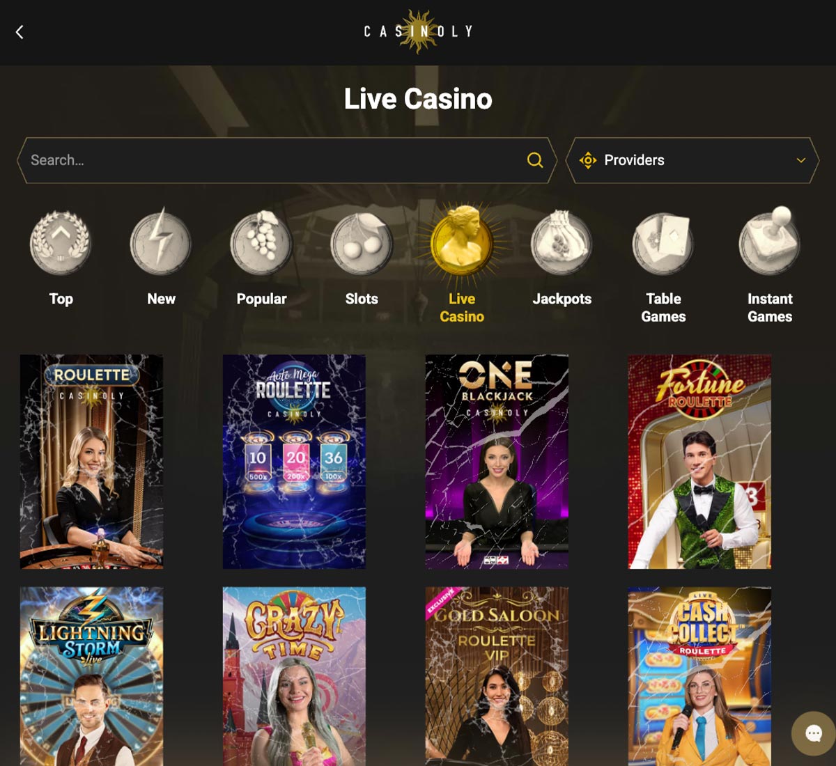 Casinoly Casino desktop screenshot showing live casino games collection with roulette, blackjack, and baccarat   tested