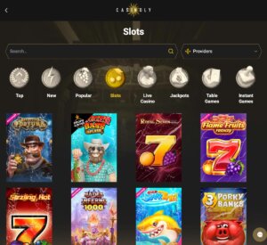 Casinoly Casino desktop screenshot showing slots variety collection including popular and new games - tested