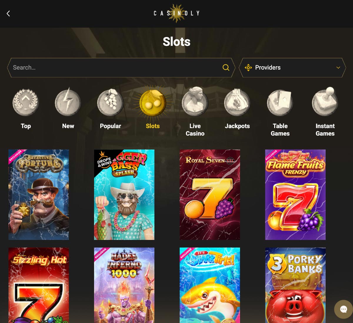 Casinoly Casino desktop screenshot showing slots variety collection including popular and new games   tested