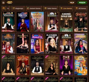 Fat Pirate Casino desktop live casino games screenshot showing blackjack, roulette, and baccarat – tested