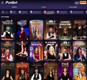 FunBet Casino desktop live casino games screenshot showing live dealer roulette, blackjack, and baccarat – tested