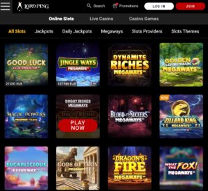 Lord Ping Casino desktop slots screenshot showing slot categories and featured games – tested