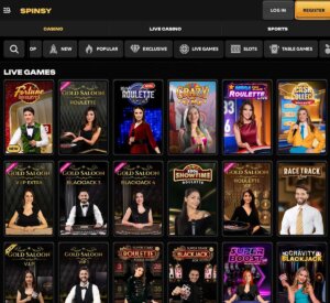 Spinsy Casino desktop live casino games screenshot showing roulette, blackjack and baccarat – tested
