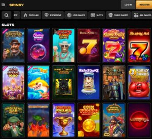 Spinsy Casino desktop slots variety screenshot showing game grid and categories – tested