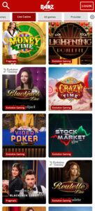 Barz Casino mobile live casino screenshot displaying real-dealer tables including roulette, blackjack and baccarat with lobby navigation – tested