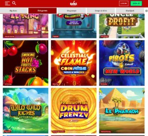 Barz Casino desktop interface screenshot showing slots variety with featured titles, categories and game providers – tested