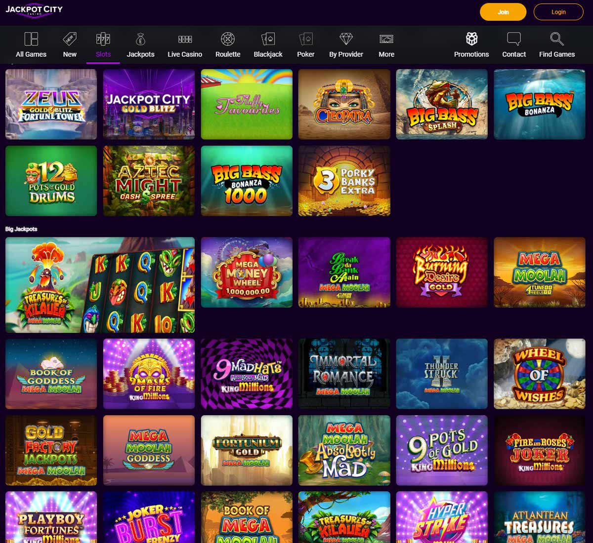 JackpotCity Casino desktop slots preview screenshot showing top games – tested