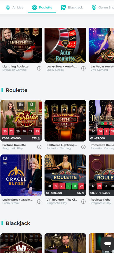 Spinoli Casino mobile live casino screenshot showing roulette and blackjack sections with Evolution Gaming tables including Lightning Roulette, Lucky Streak AutoRoulette, Fortune Roulette, XXXtreme Lightning Roulette, and VIP Roulette - tested