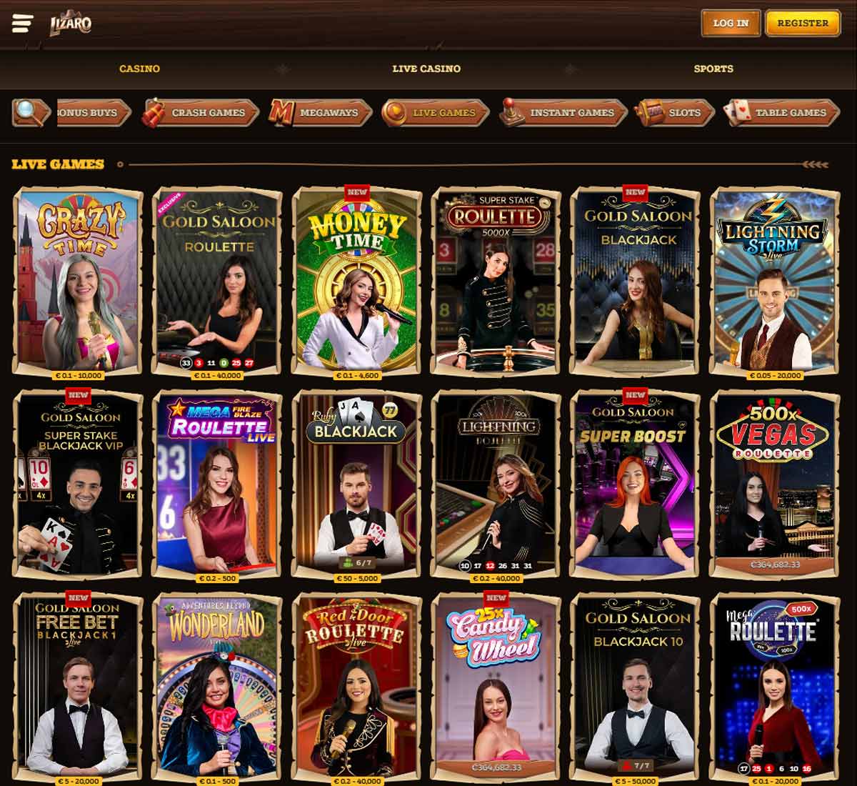 Lizaro Casino desktop live casino games collection screenshot displaying available live tables and categories   tested