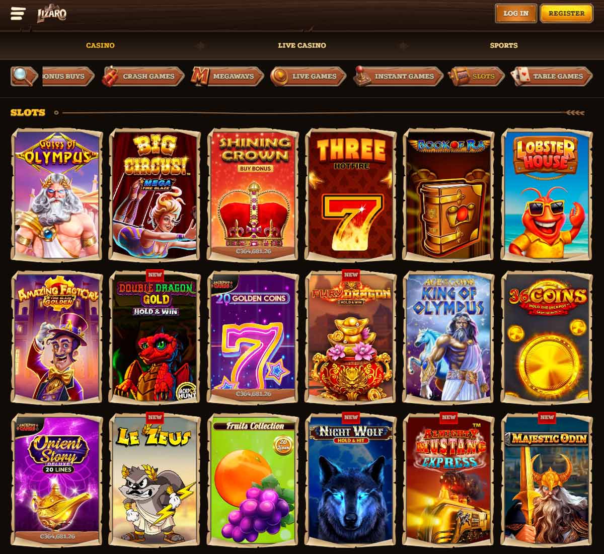 Lizaro Casino desktop slots variety screenshot displaying featured slots, game categories and filtering options   tested