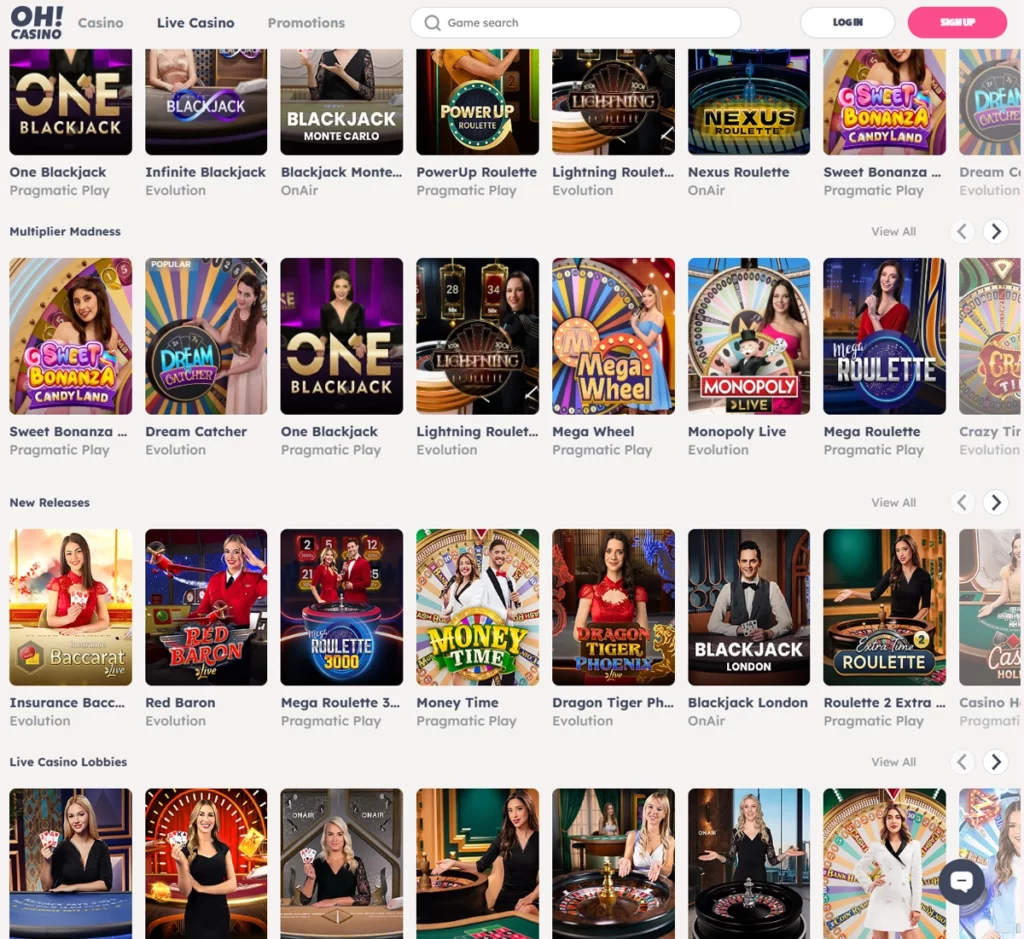 Oh Casino desktop live casino screenshot showing live dealer games including blackjack, roulette, and baccarat – tested