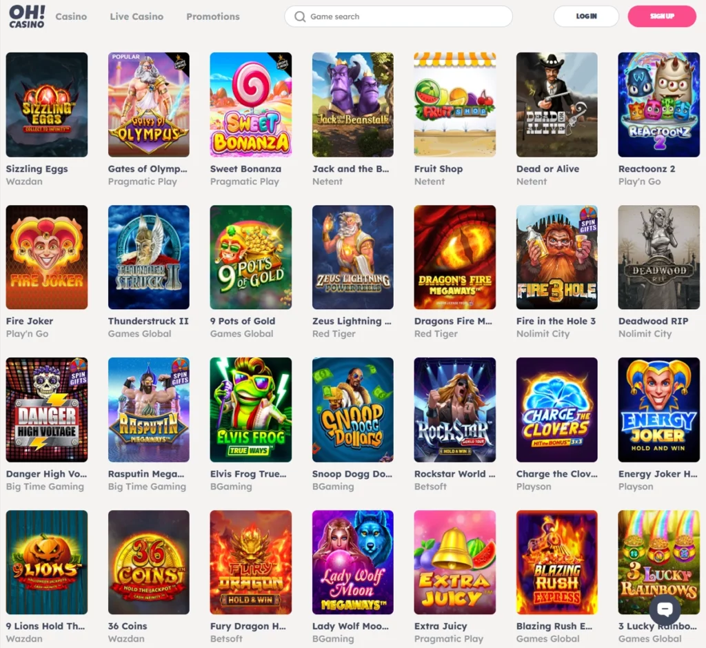 Oh Casino desktop slots screenshot showing a wide variety of slot games from multiple providers – tested