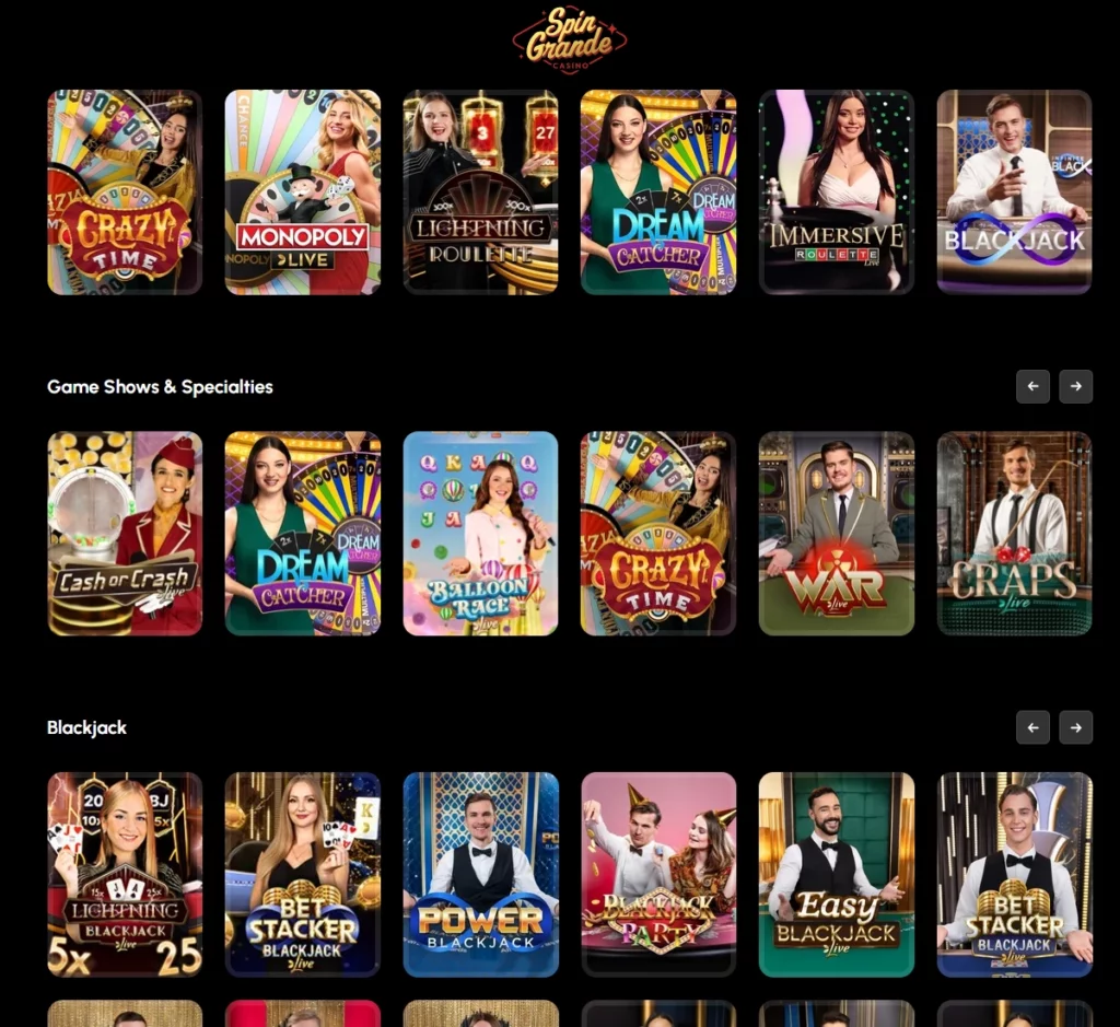pinGrande Casino desktop live casino screenshot showing live dealer games including roulette and blackjack – tested