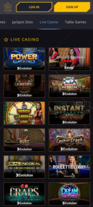 21 Casino mobile live casino screenshot showing real-dealer tables including roulette, blackjack and baccarat with lobby layout on smartphone interface - tested