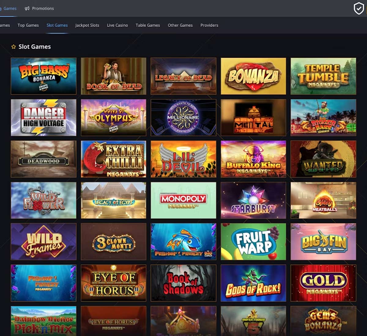 21 Casino desktop slots screenshot showing slot game categories, featured titles and filtering options   tested