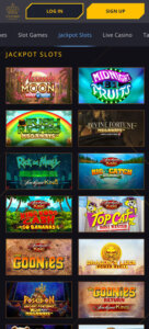21 Casino mobile slots screenshot showing a wide variety of slot games, categories and featured titles in the game lobby on smartphone interface - tested
