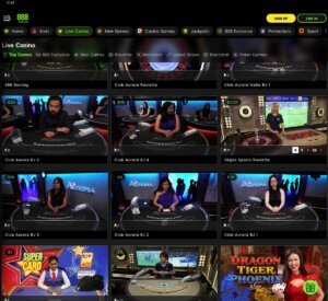 888Casino desktop live casino screenshot showing real-dealer tables including roulette, blackjack and baccarat with lobby navigation - tested