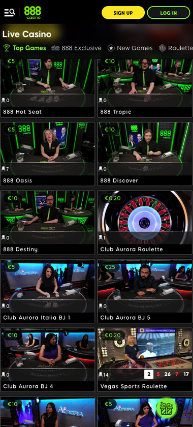 888Casino mobile live casino screenshot showing real-dealer tables including roulette, blackjack and baccarat on smartphone interface - tested