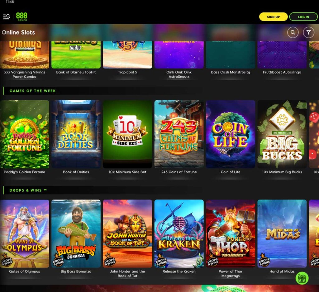 888Casino desktop slots screenshot showing slot game categories, featured titles and filtering options - tested