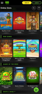 888Casino mobile slots screenshot showing slot game categories, featured titles and navigation on smartphone interface - tested