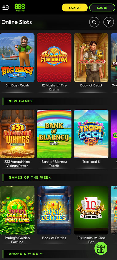 888Casino mobile slots screenshot showing slot game categories, featured titles and navigation on smartphone interface - tested