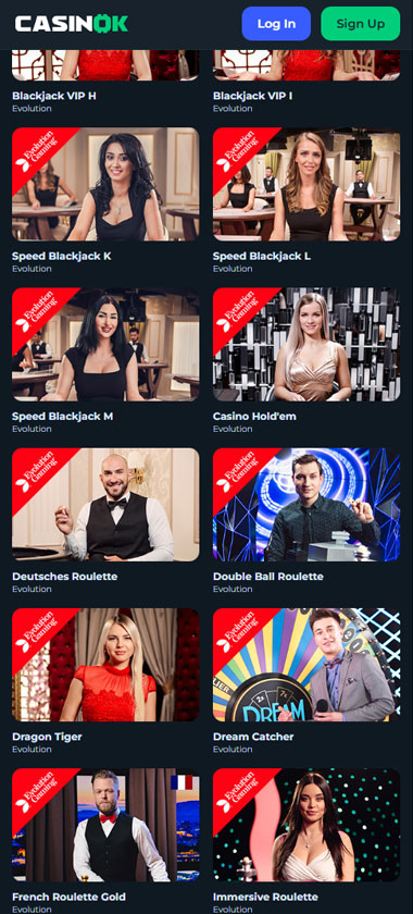 CasinOK mobile live casino screenshot showing real dealer tables including roulette, blackjack and baccarat on smartphone interface   tested