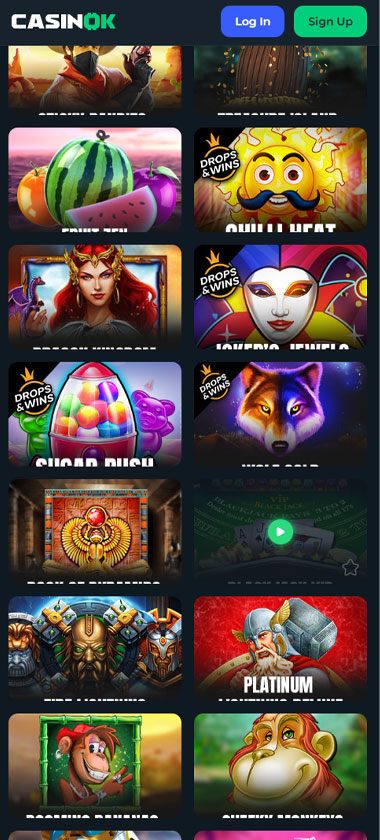 CasinOK mobile slots screenshot showing slot game categories, featured titles and navigation on smartphone interface   tested