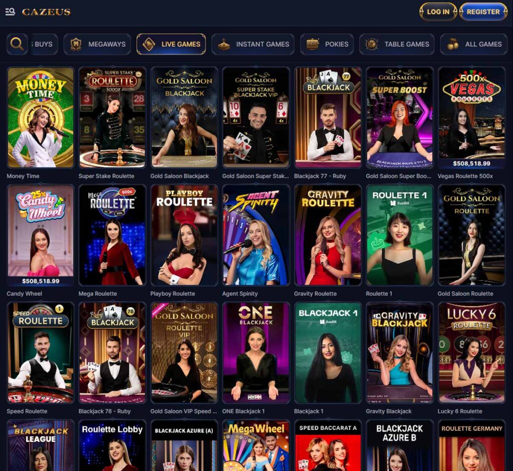 Cazeus Casino desktop live casino screenshot showing real-dealer tables including roulette, blackjack and baccarat with lobby navigation - tested