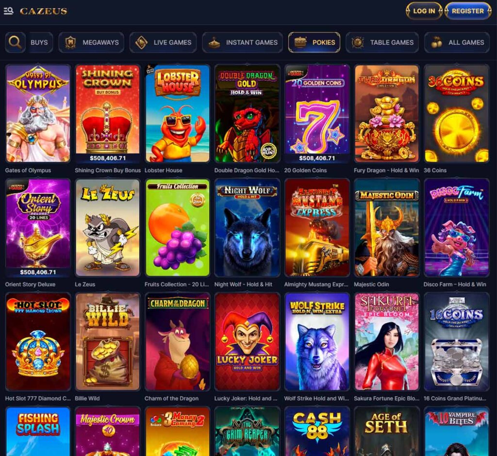 Cazeus Casino desktop slots screenshot showing slot game categories, featured titles and filtering options - tested