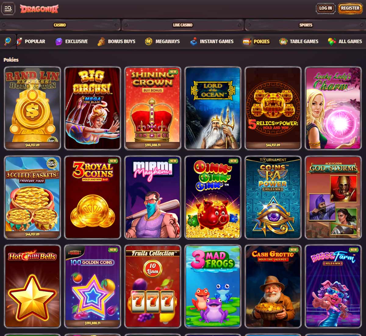 Dragonia Casino desktop slots screenshot showing slot game categories, featured titles and filtering options   tested
