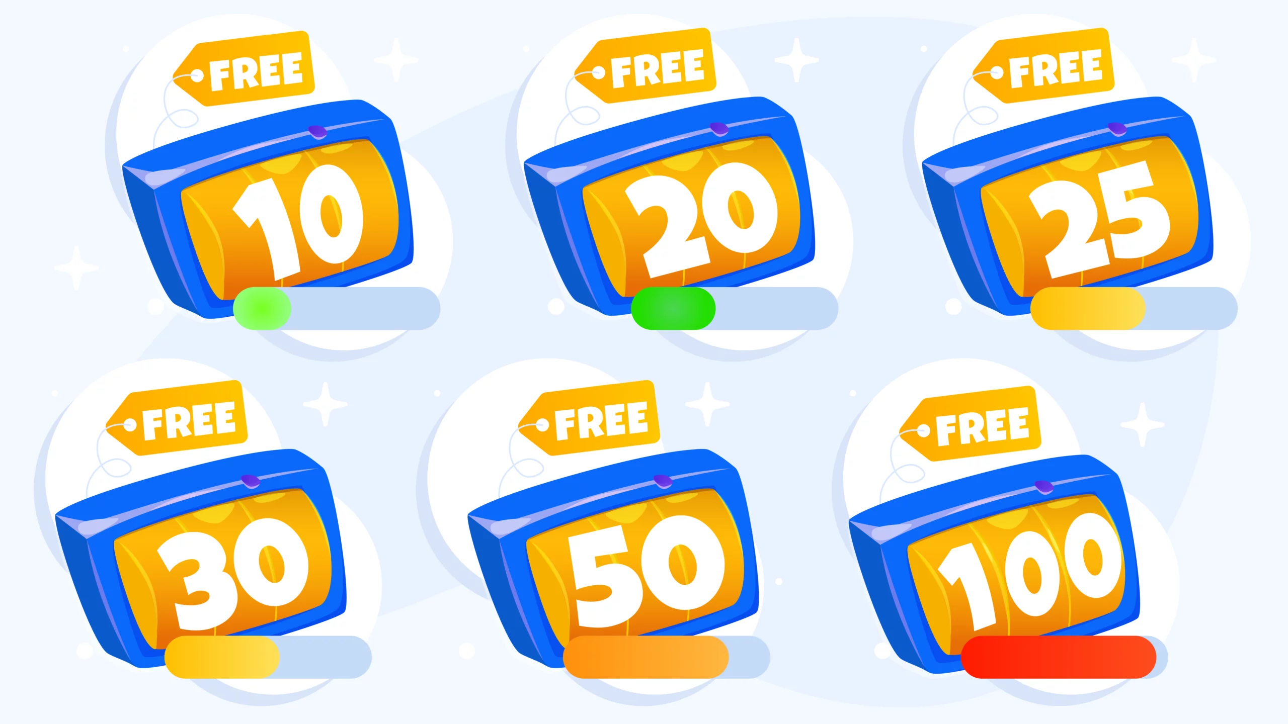 Infographic comparing 10, 20, 25, 30, 50, and 100 free spins no deposit offers showing value, session time, completion rates, and best player types for each amount