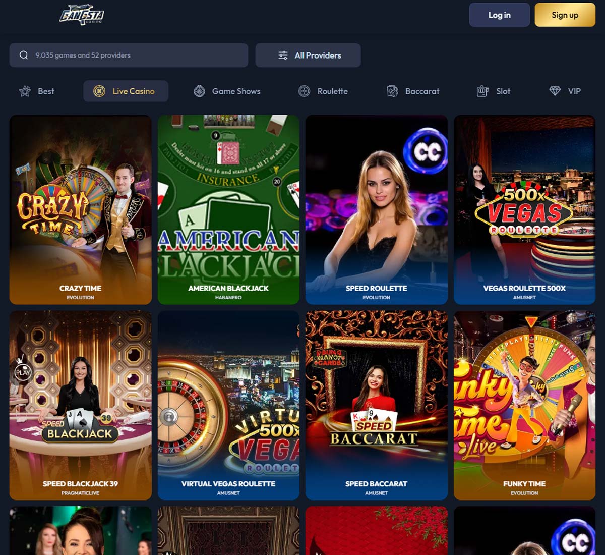 Gangsta Casino desktop live casino screenshot showing real dealer tables including roulette, blackjack and baccarat with lobby navigation   tested