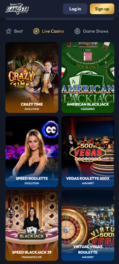 Gangsta Casino mobile live casino screenshot showing real dealer tables including roulette, blackjack and baccarat on smartphone interface   tested