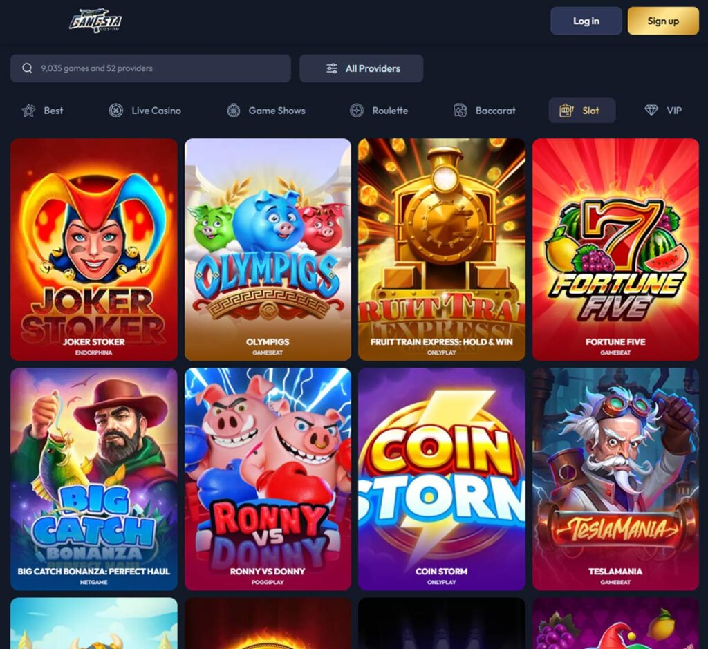 Gangsta Casino desktop slots screenshot showing slot game categories, featured titles and filtering options - tested