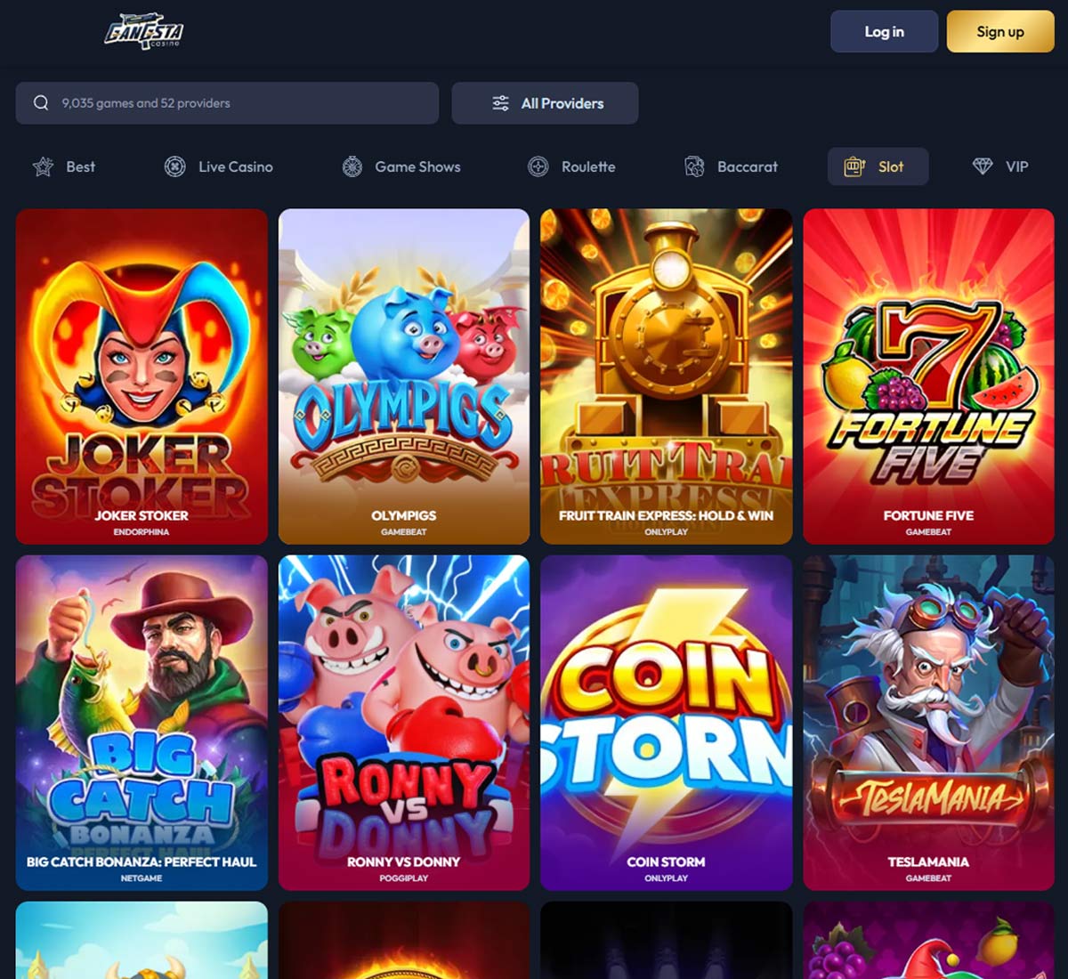 Gangsta Casino desktop slots screenshot showing slot game categories, featured titles and filtering options   tested