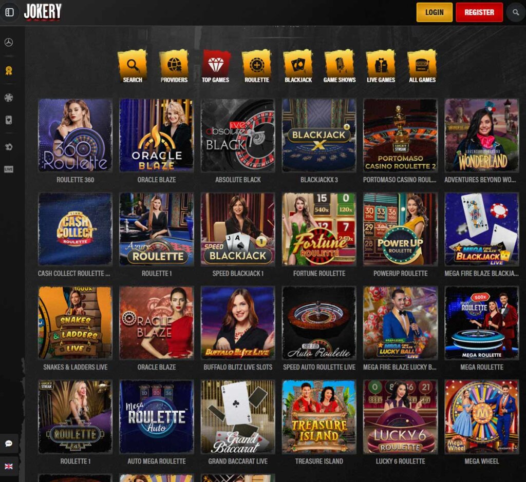 Jokery Casino desktop live casino screenshot showing real-dealer tables including roulette, blackjack and baccarat with lobby navigation - tested