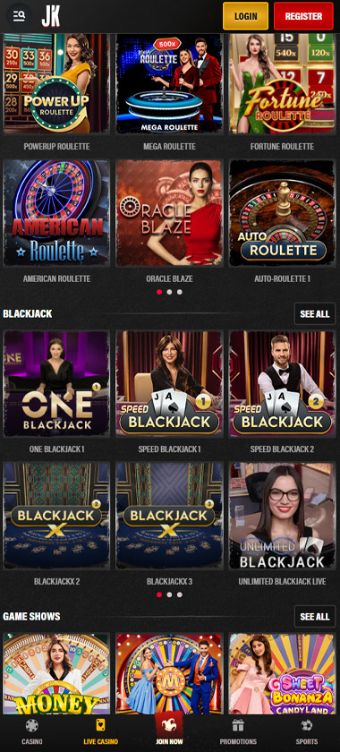 Jokery Casino mobile live casino screenshot showing real dealer tables including roulette, blackjack and baccarat on smartphone interface   tested