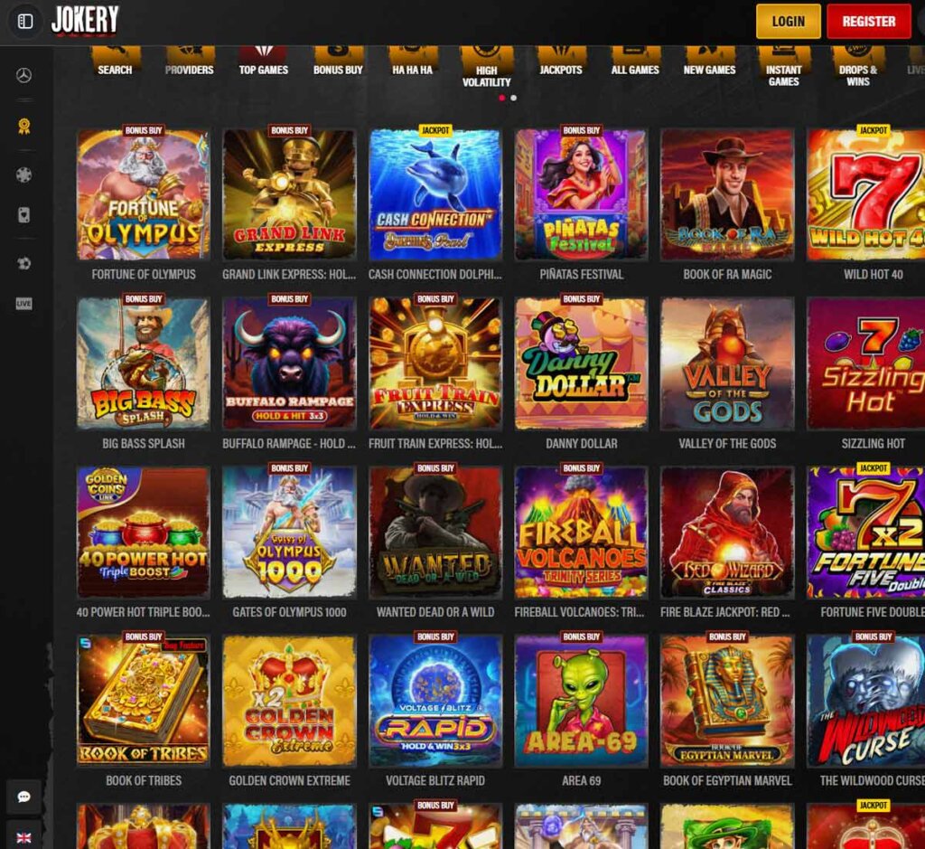Jokery Casino desktop top games screenshot showing featured casino games, popular slots and game categories - tested