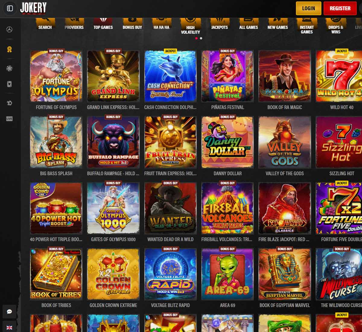 Jokery Casino desktop top games screenshot showing featured casino games, popular slots and game categories   tested