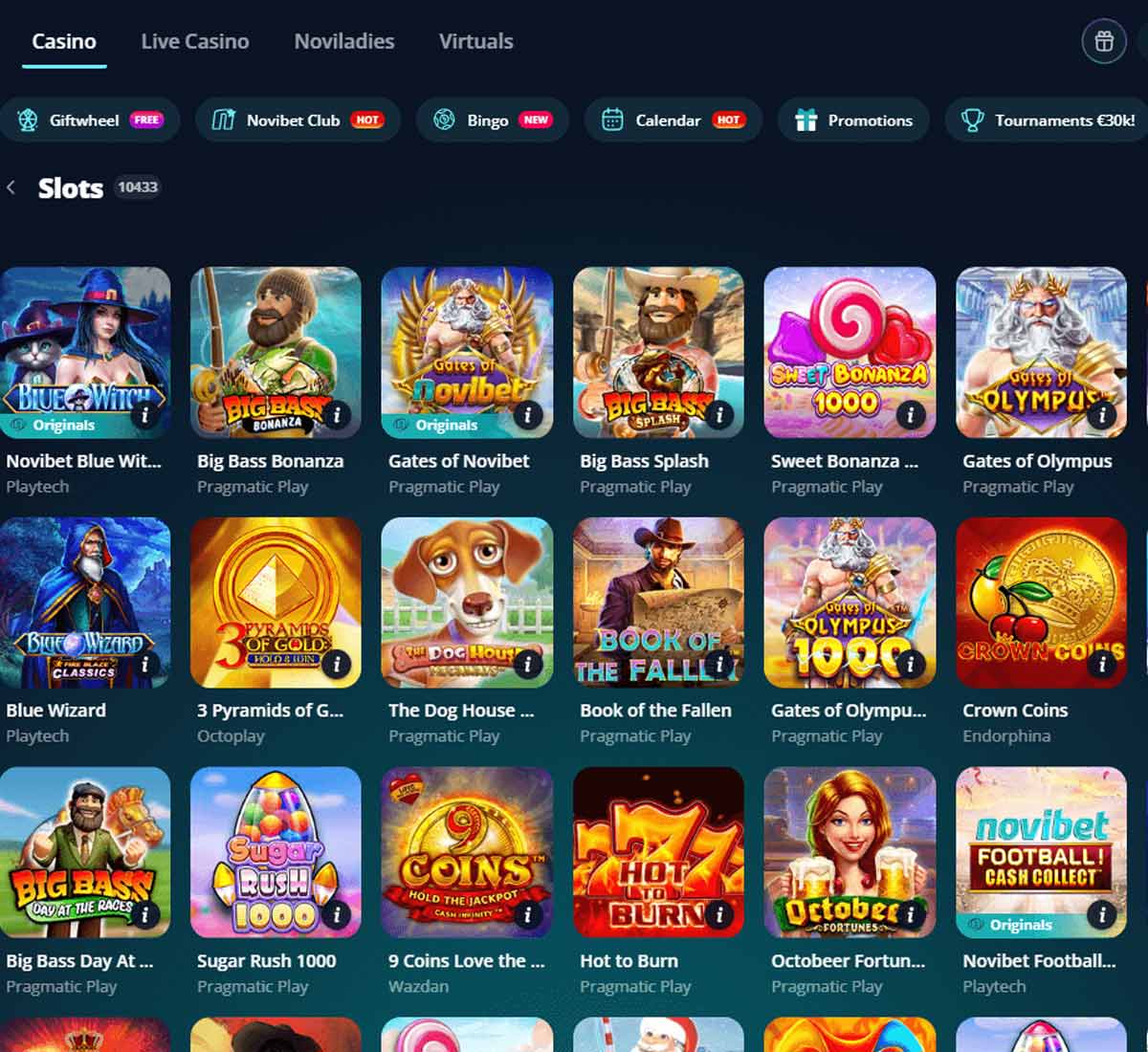 Novibet Casino desktop slots screenshot showing slot game categories, featured titles and filtering options   tested