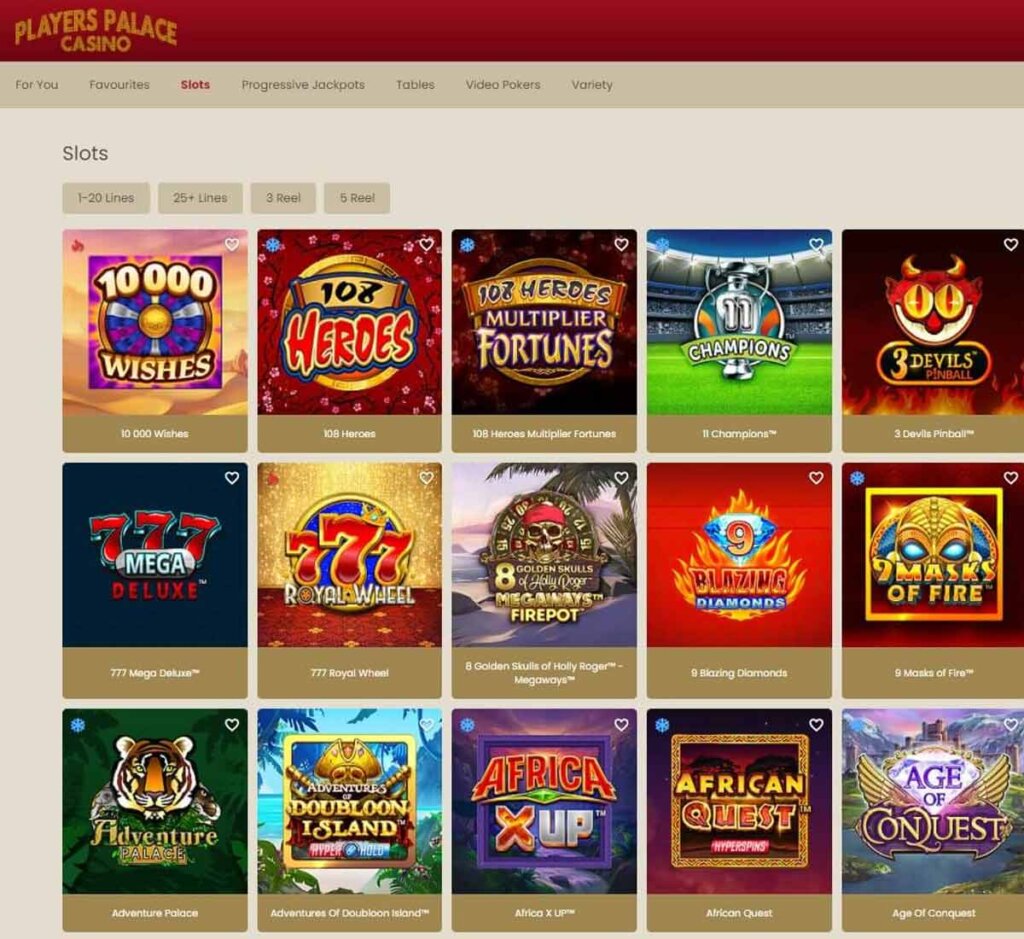 Players Palace Casino desktop slots screenshot showing slot game categories, featured titles and filtering options - tested
