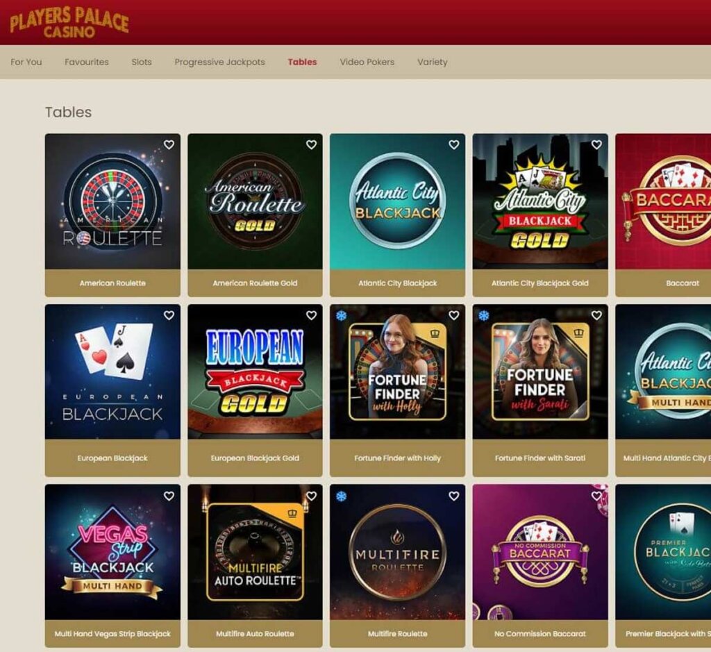 Players Palace Casino desktop table games screenshot showing classic casino games including blackjack, roulette and baccarat with lobby layout - tested