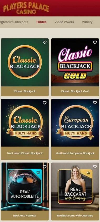 Players Palace Casino mobile table games screenshot showing blackjack, roulette and baccarat tables on smartphone interface - tested