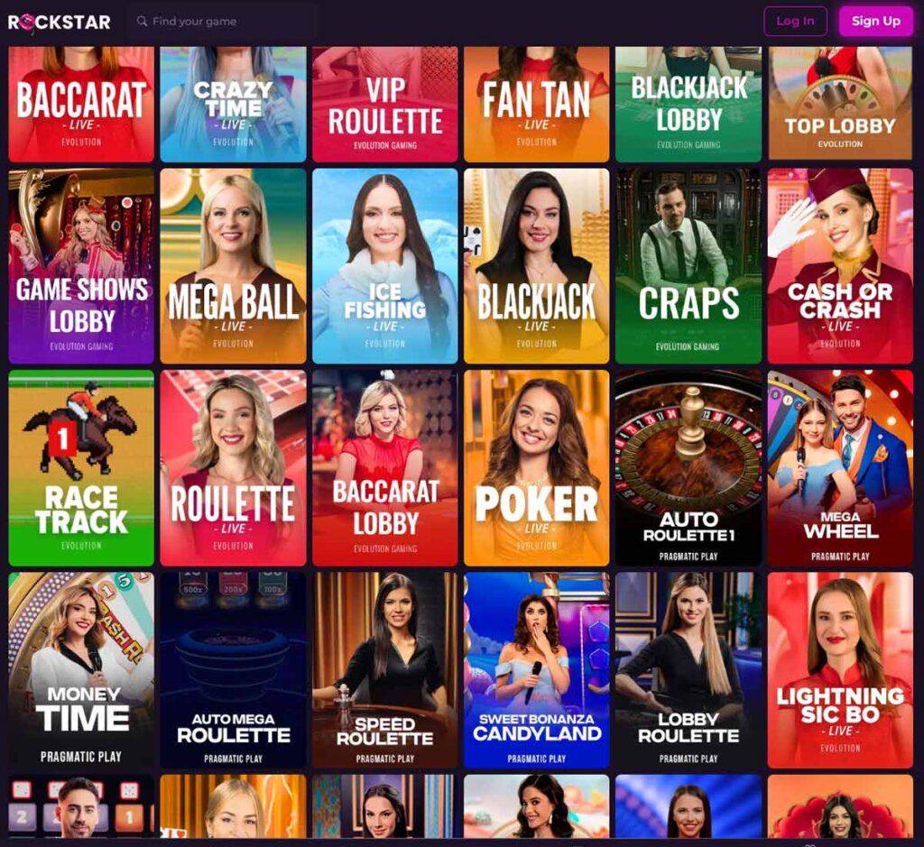 Rockstar Casino desktop live casino screenshot showing real-dealer tables including roulette, blackjack and baccarat with lobby navigation - tested